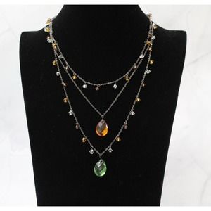 Three Strand Antiqued Gold Necklace with Amber, Green, and Clear Bead Drops N72